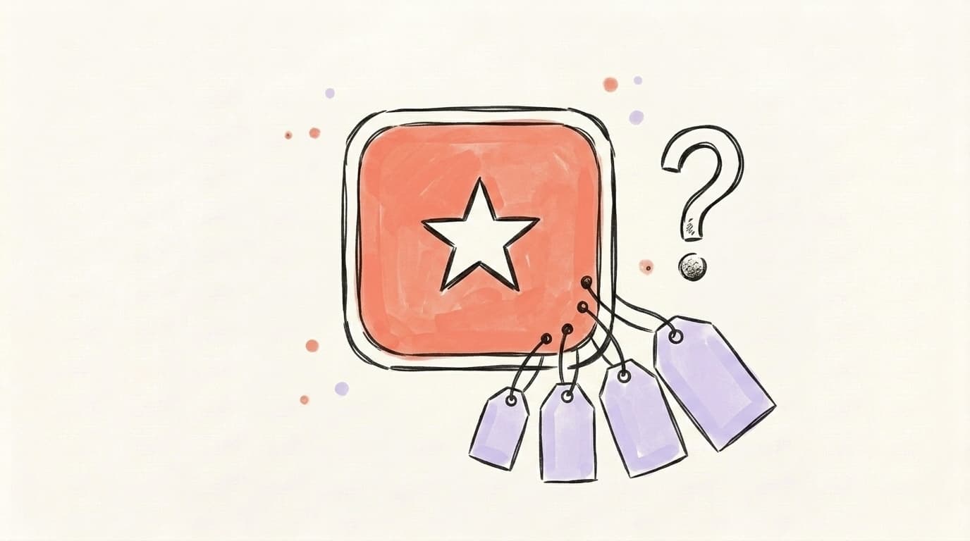 Hand-drawn illustration of a LinkedIn-style badge with four price tags and a question mark
