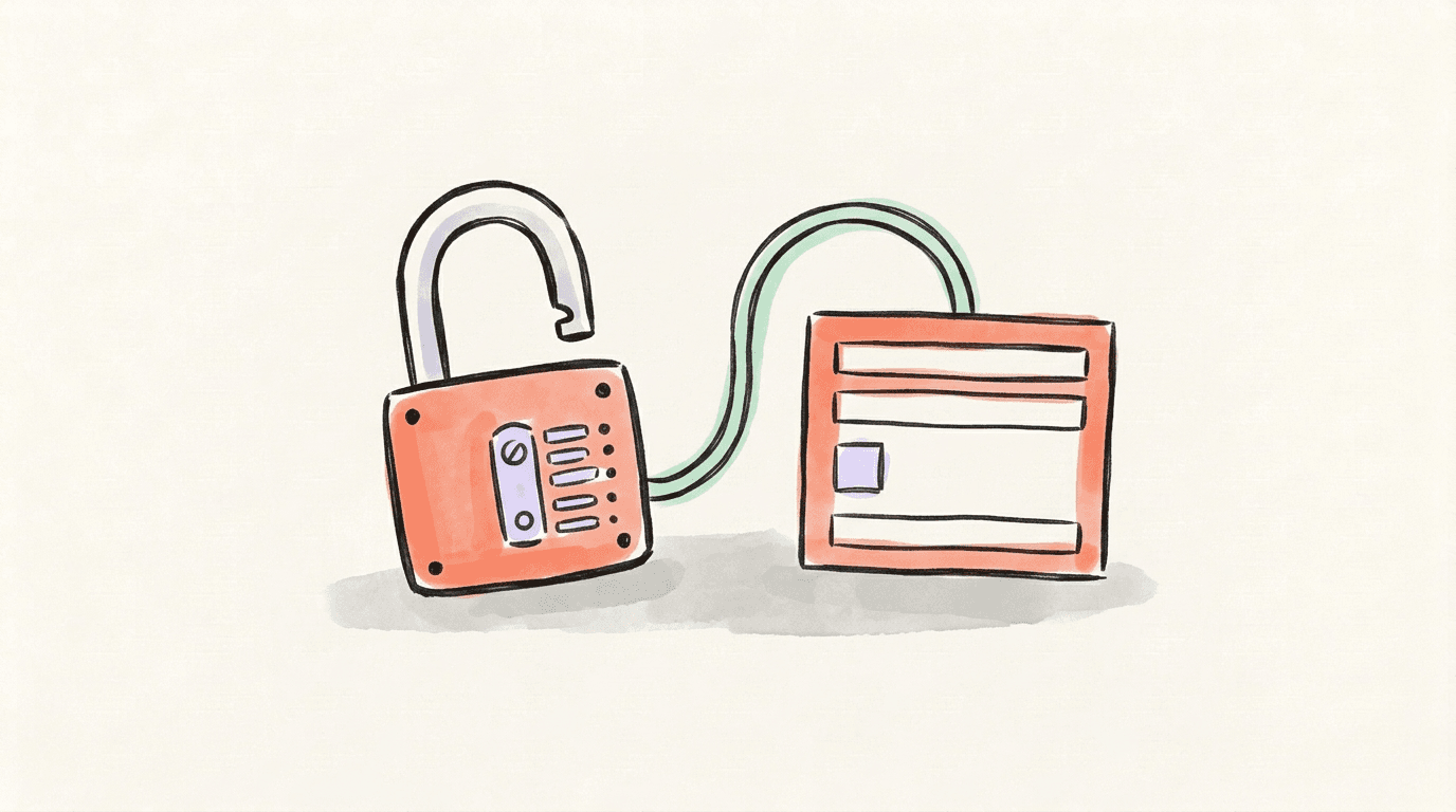 An open padlock connected to a blank workflow card