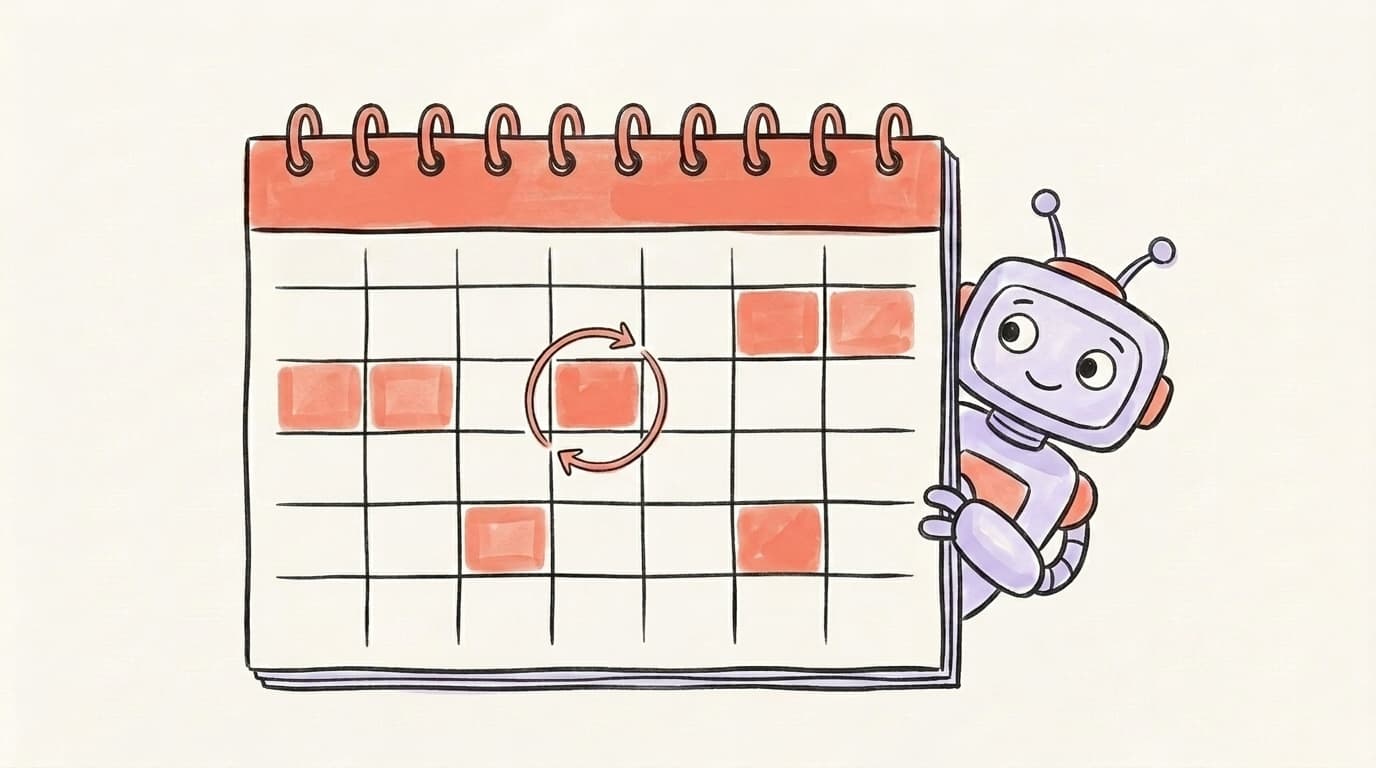 A hand-drawn calendar with recurring time slots and a friendly robot peeking from behind it