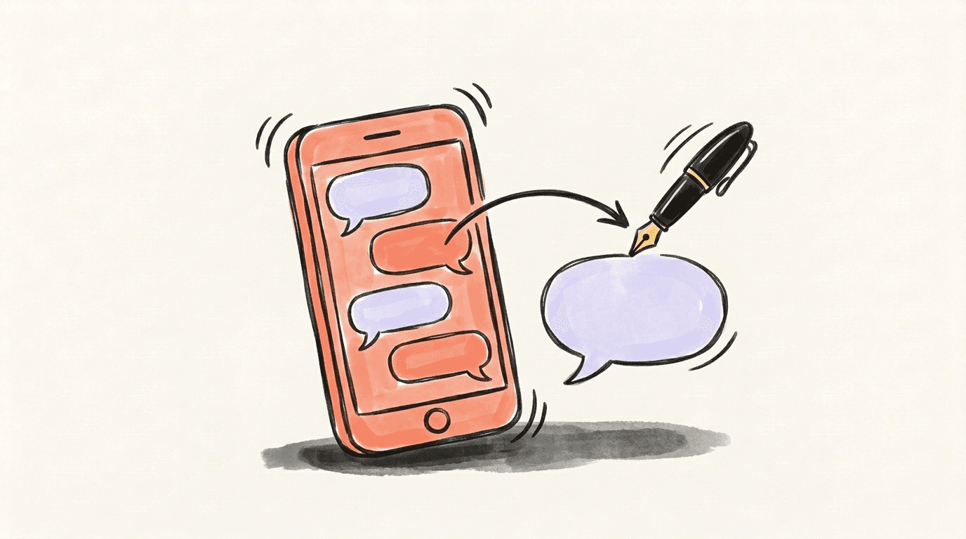 A smartphone full of speech bubbles with a fountain pen drawing a reply arrow into a new answer bubble
