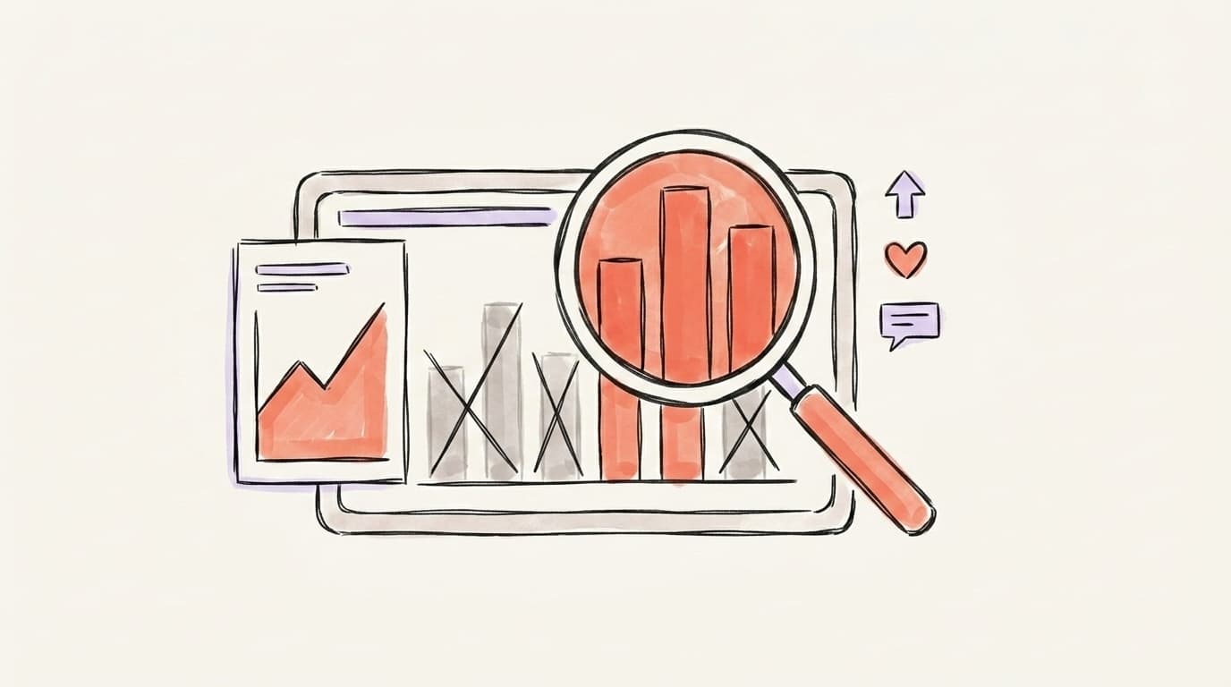 A hand-drawn dashboard with three highlighted KPI bars in coral and faded vanity-metric bars crossed out, under a magnifying glass