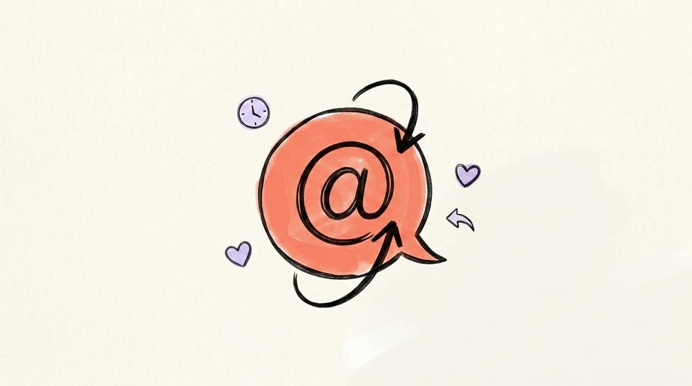 A hand-drawn illustration of a Threads-style speech bubble surrounded by reply arrows, a clock, and heart icons — the signals that decide Threads reach