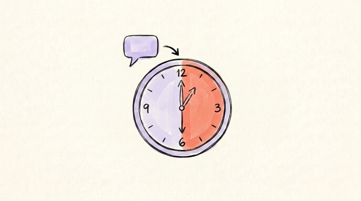 A hand-drawn clock face with the first 30 minutes shaded in salmon-coral and a small lavender speech bubble pointing at the highlighted wedge