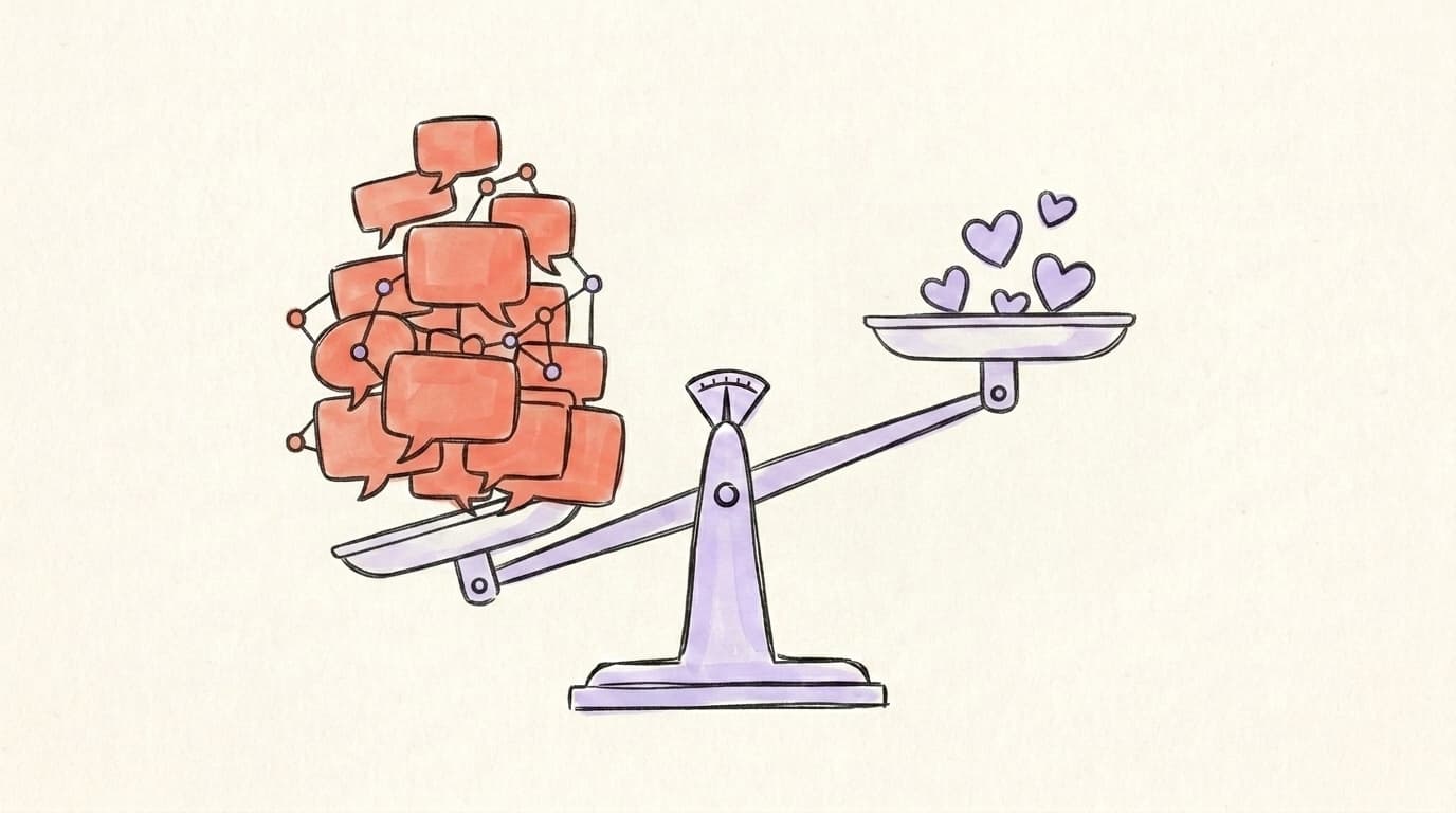A hand-drawn balance scale with three large salmon-coral reply bubbles on one side and small lavender hearts on the other — the replies side tips down heavily