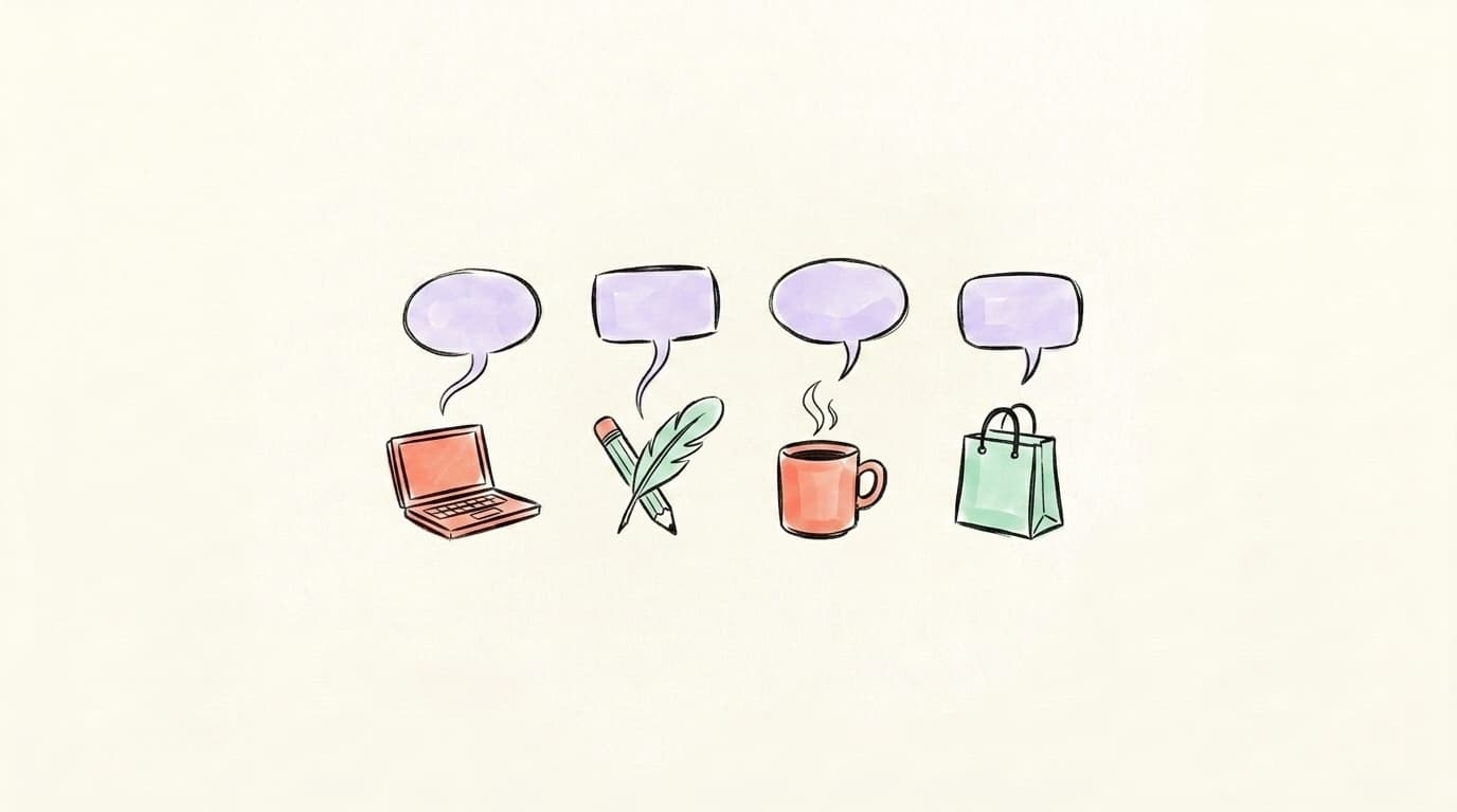 Four hand-drawn icons — a laptop, a pencil with feather, a coffee mug, and a shopping bag — each topped with a speech bubble, representing SaaS, agency, coach, and ecom Threads archetypes