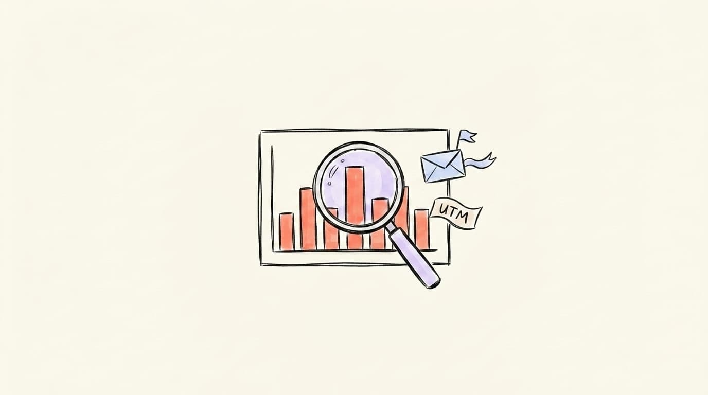 A hand-drawn bar chart with a magnifying glass and a UTM-tag label floating beside it, representing measuring Threads ROI through UTM links and assisted attribution