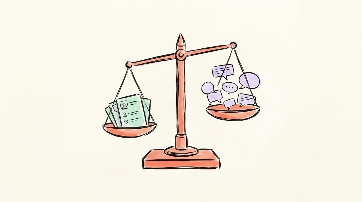 A hand-drawn balance scale weighing LinkedIn-style profile cards against Threads-style speech bubbles