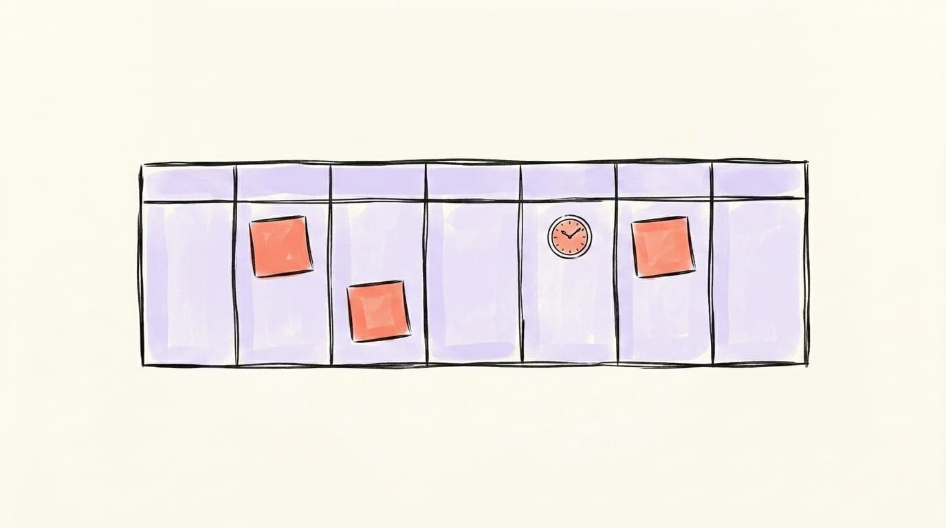 A weekly calendar grid with three salmon-coral post-it notes and a small clock, illustrating a minimal weekly Threads schedule