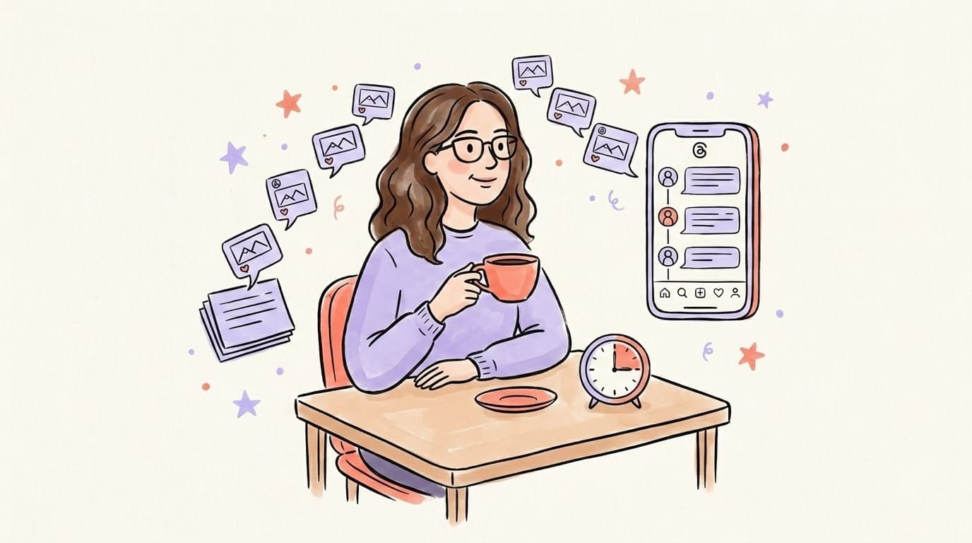 A solopreneur batching a full week of Threads content in one relaxed sitting at a desk