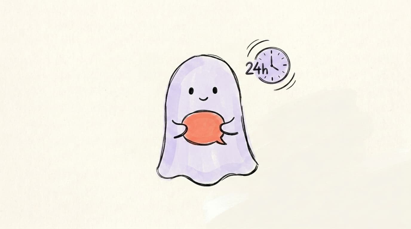 A friendly cartoon ghost on Threads holding a speech bubble next to a 24-hour timer, illustrating the disappearing post feature