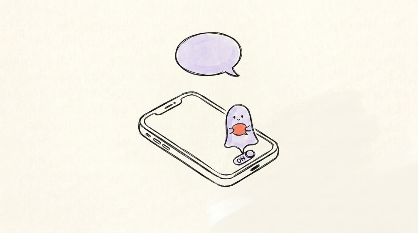 Hand-drawn illustration of a phone with a small ghost-mode toggle switched on, representing how to enable ghost posts on Threads