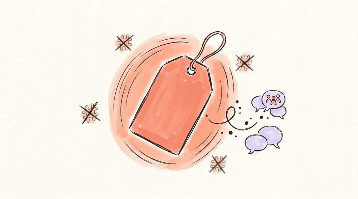 Hand-drawn illustration of a single salmon-coral topic tag linked to a community of speech bubbles, with crossed-out extra hashtags