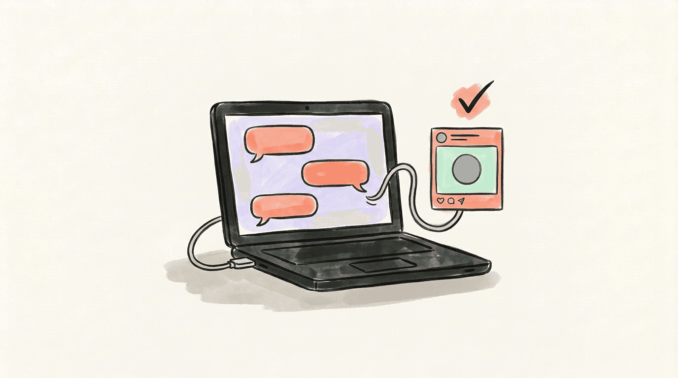 Hand-drawn Threads-style conversation card linked to a laptop through an approval check