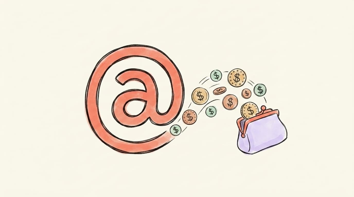 Threads monetization in 2026 — a coral @ symbol with coins flowing into a lavender purse