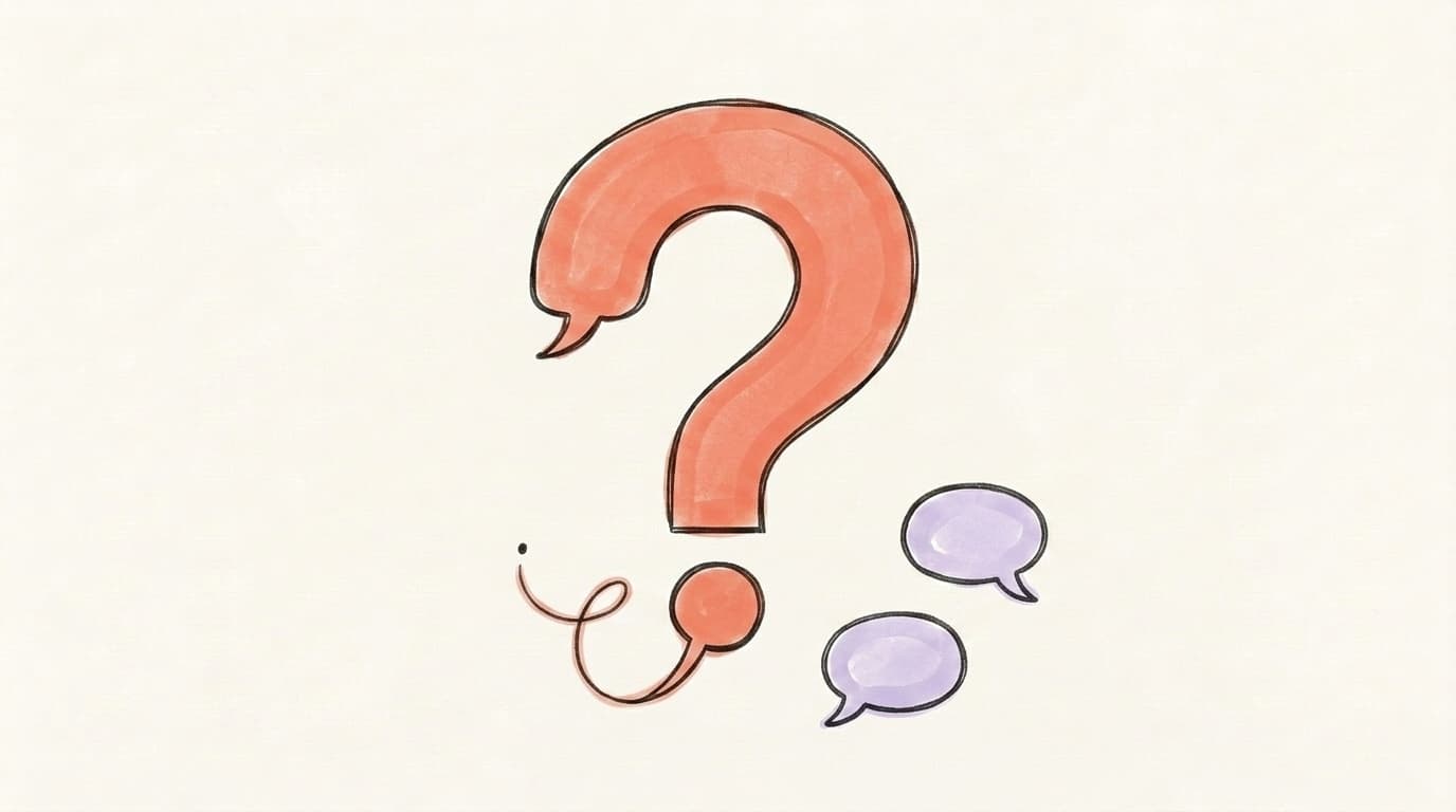 A salmon-coral question mark with soft lavender reply bubbles drifting up beside it