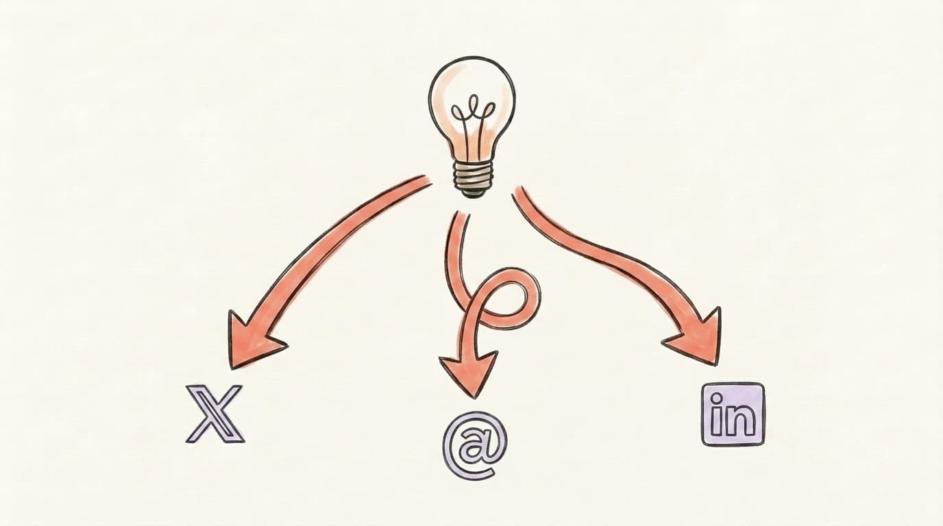 A central lightbulb with three arrows fanning to X, Threads @, and LinkedIn in icons