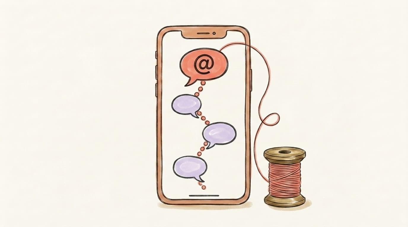 A phone showing a single salmon-coral Threads post at the top with three lavender reply bubbles cascading below in a connected chain