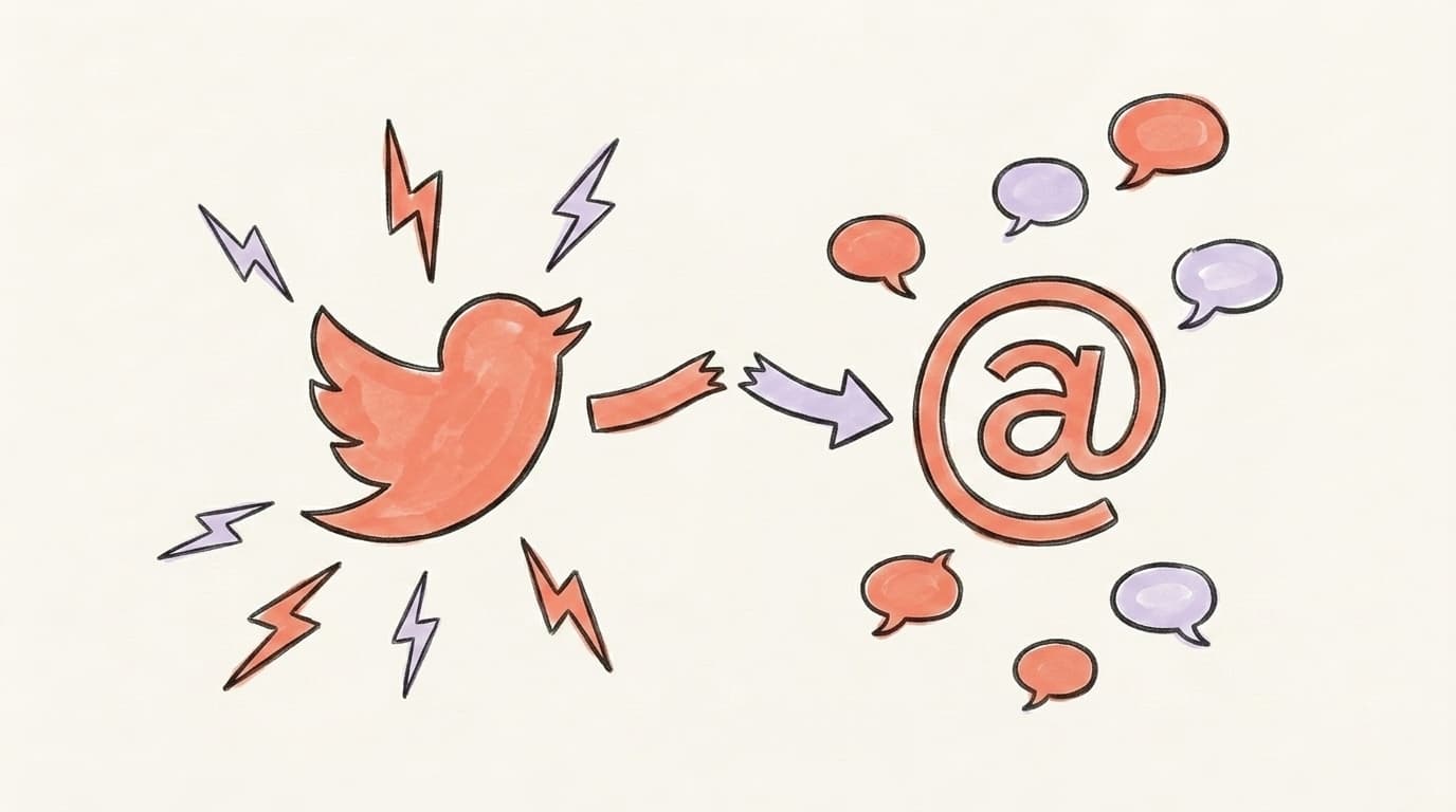 X bird on the left with sharp lightning bolts, Threads @ logo on the right with soft speech bubbles, with a broken arrow between them