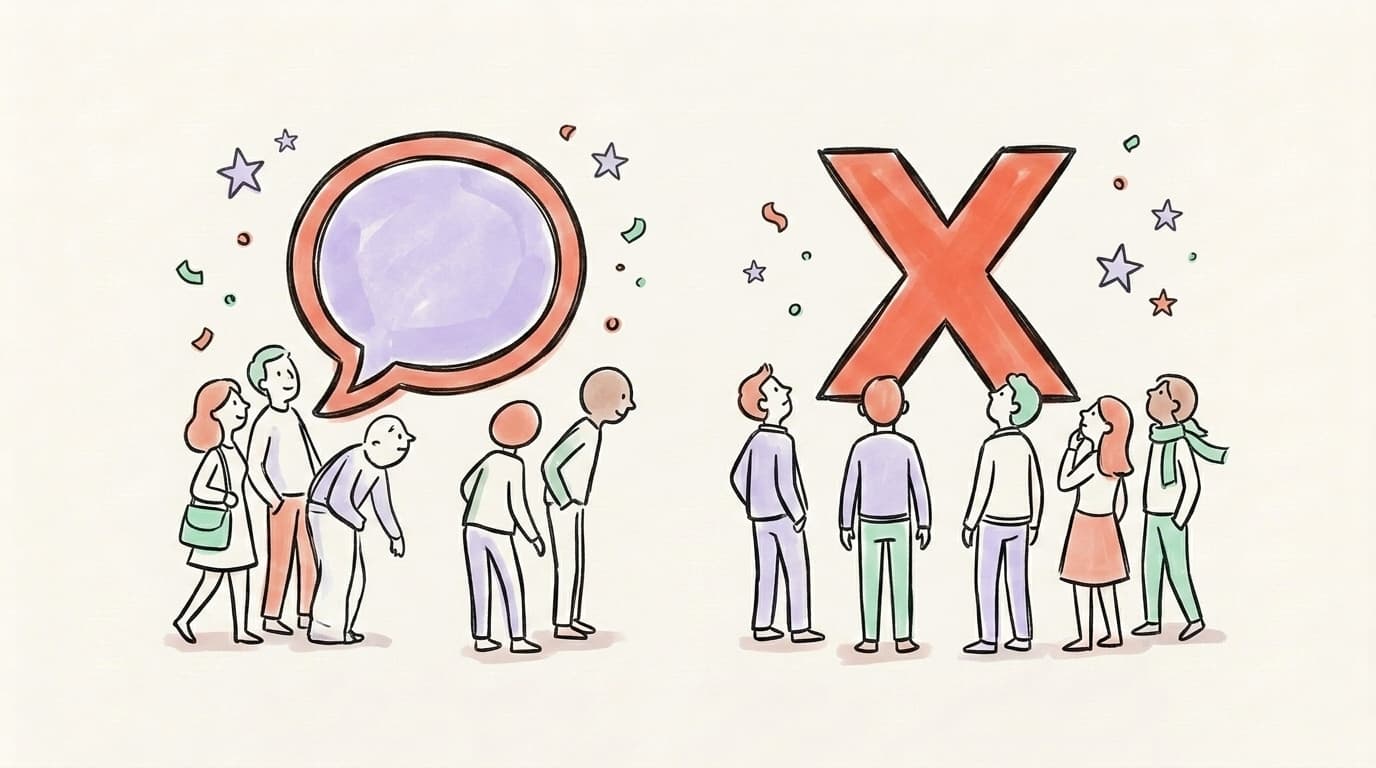 Two crowds of people, one gathered under a lavender chat bubble representing Threads and the other under a salmon X mark representing X/Twitter