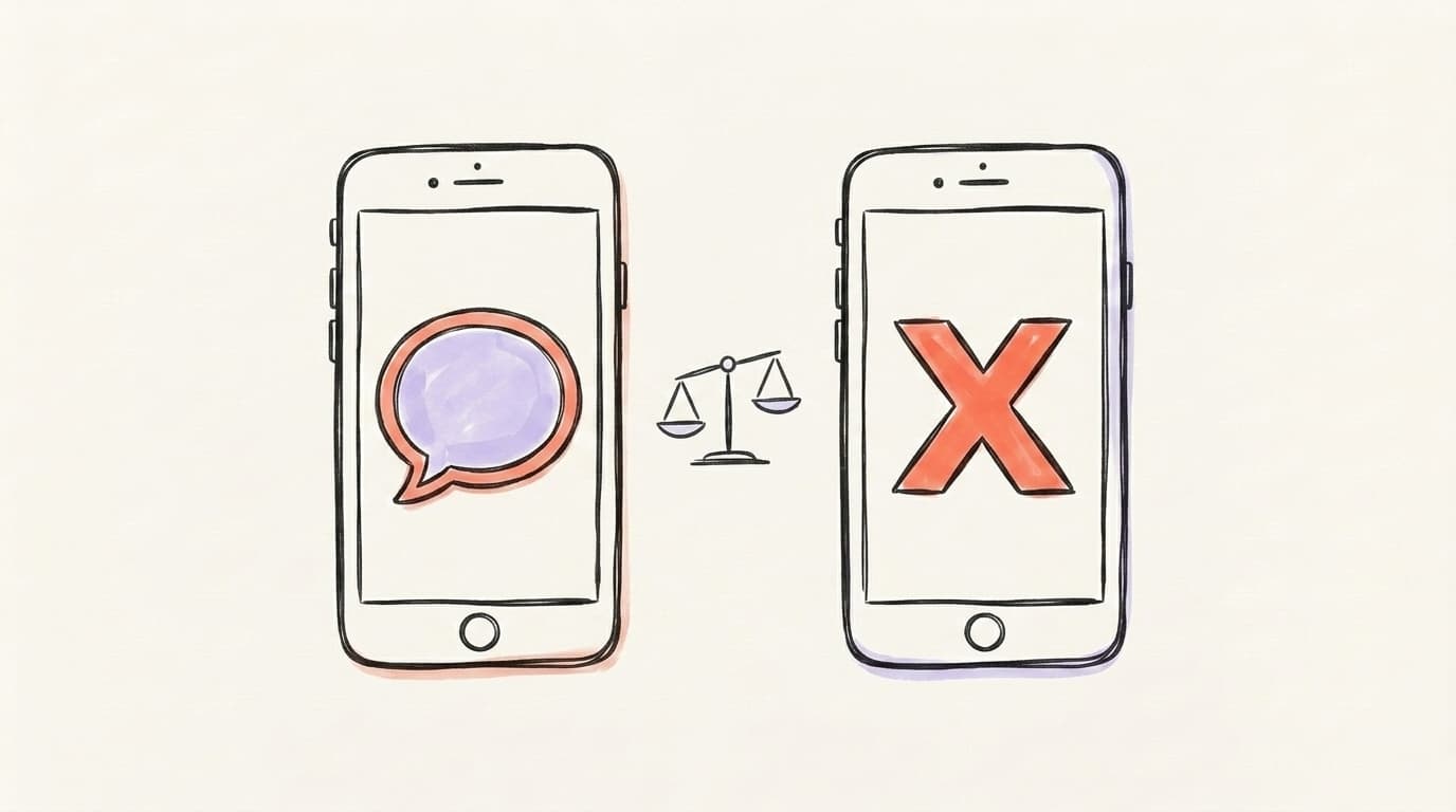 Threads vs Twitter/X comparison illustration showing two phones with a chat bubble and an X mark separated by a small balance scale