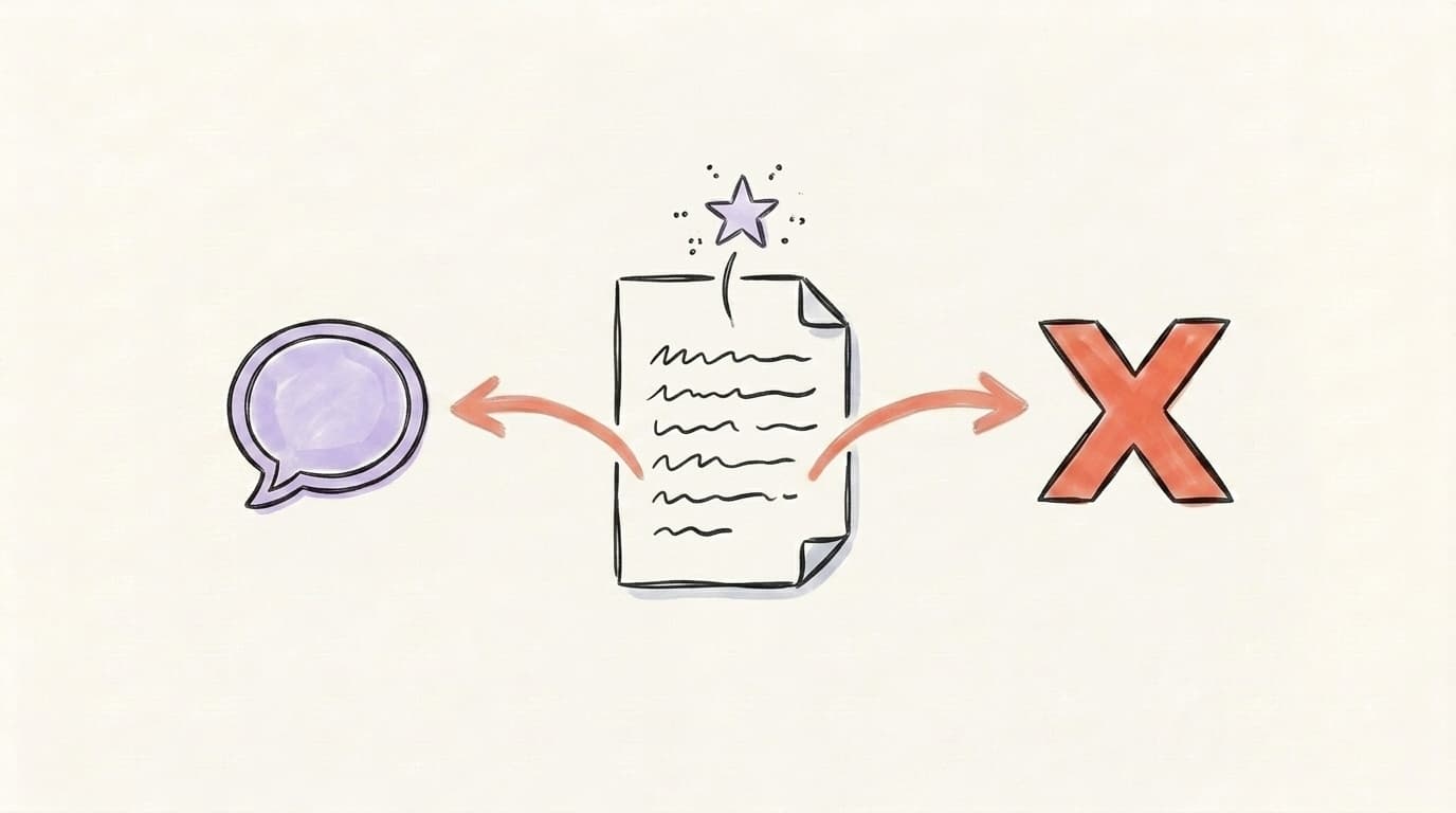 Central document with arrows flowing to a Threads chat bubble (left) and an X mark (right), illustrating one idea adapted for two platforms