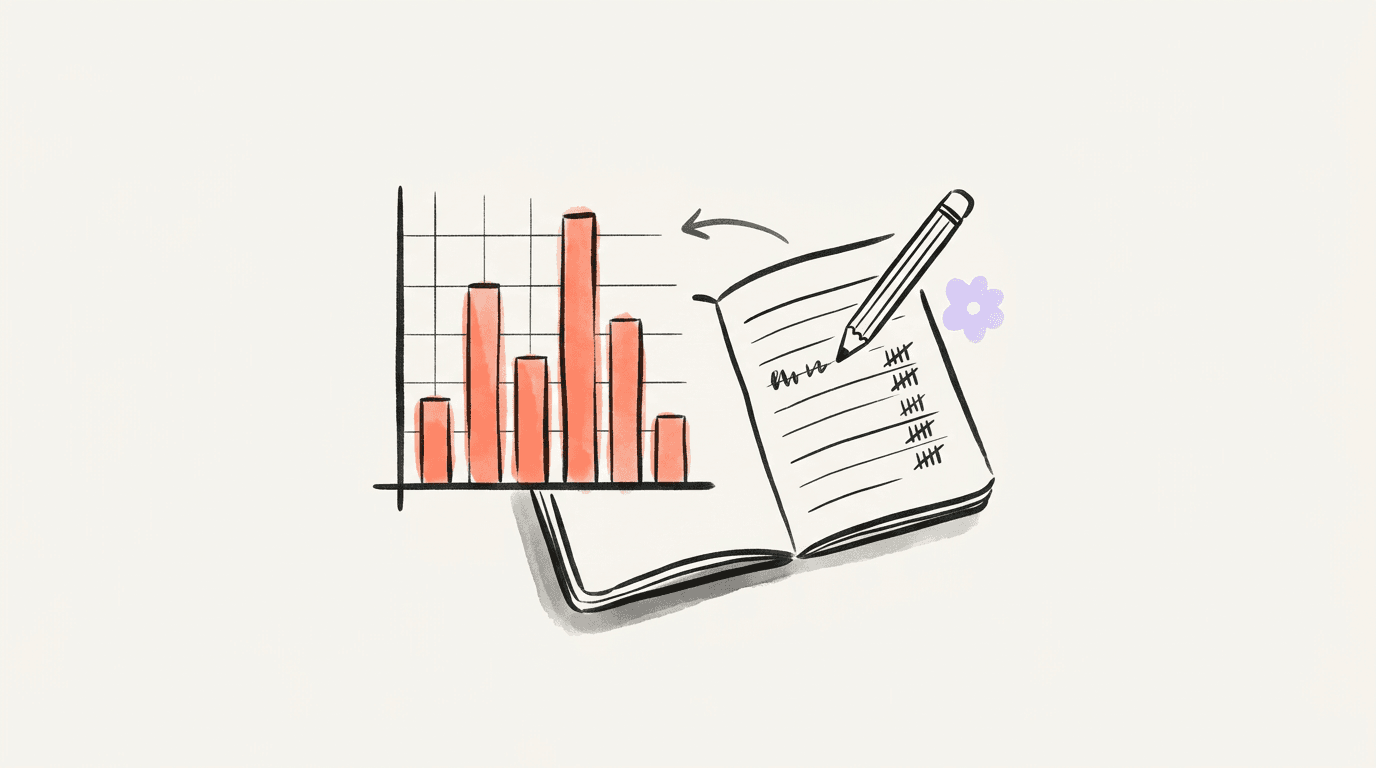 A coral bar chart beside an open notebook with rows of tally marks, a pencil writing on its page