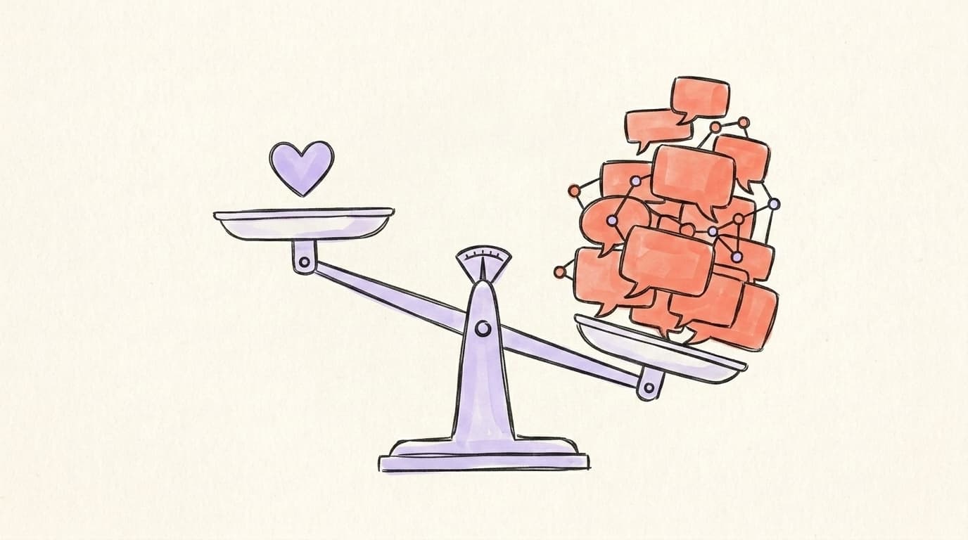A tilted hand-drawn balance scale: a single heart on the left pan, a heavy pile of speech bubbles tipping the right pan down