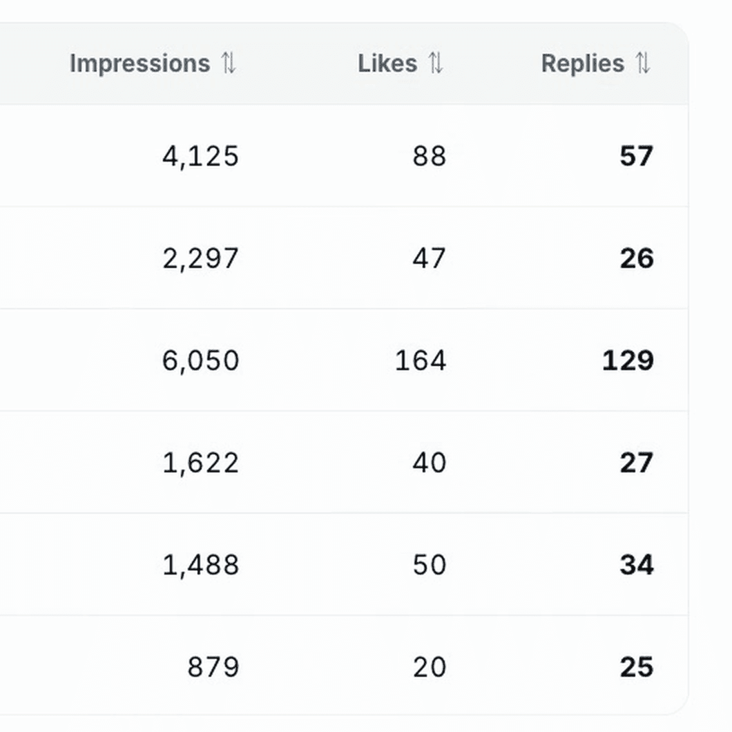 X Analytics Content metrics columns showing impressions, likes and replies for six posts
