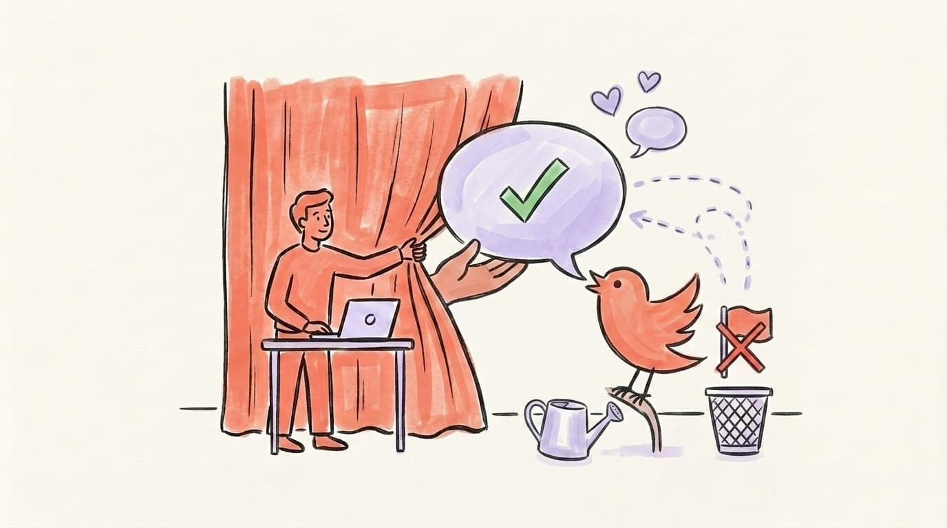 Hand-drawn illustration of a friendly chat bubble with a green checkmark being shared, next to a crossed-out report flag