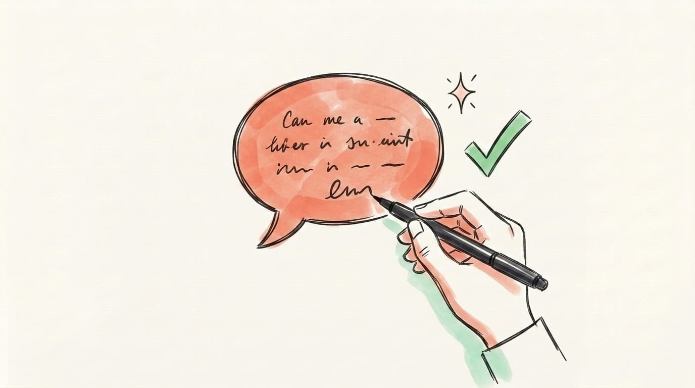 A hand writing a single personalized chat bubble with a checkmark beside it, illustrating a tailored DM rather than a copy-pasted one
