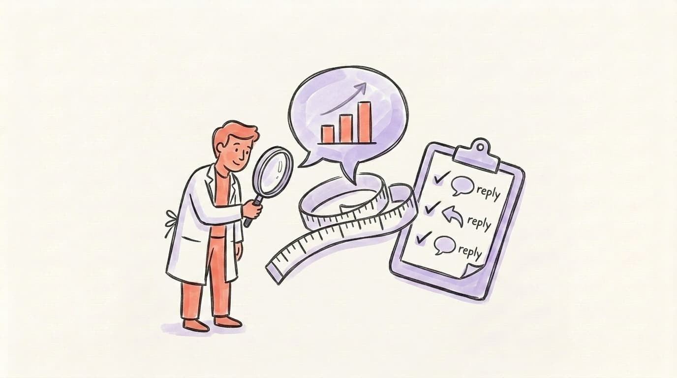 A figure with a magnifying glass examining a chat bubble with an upward chart, next to a clipboard tracking replies