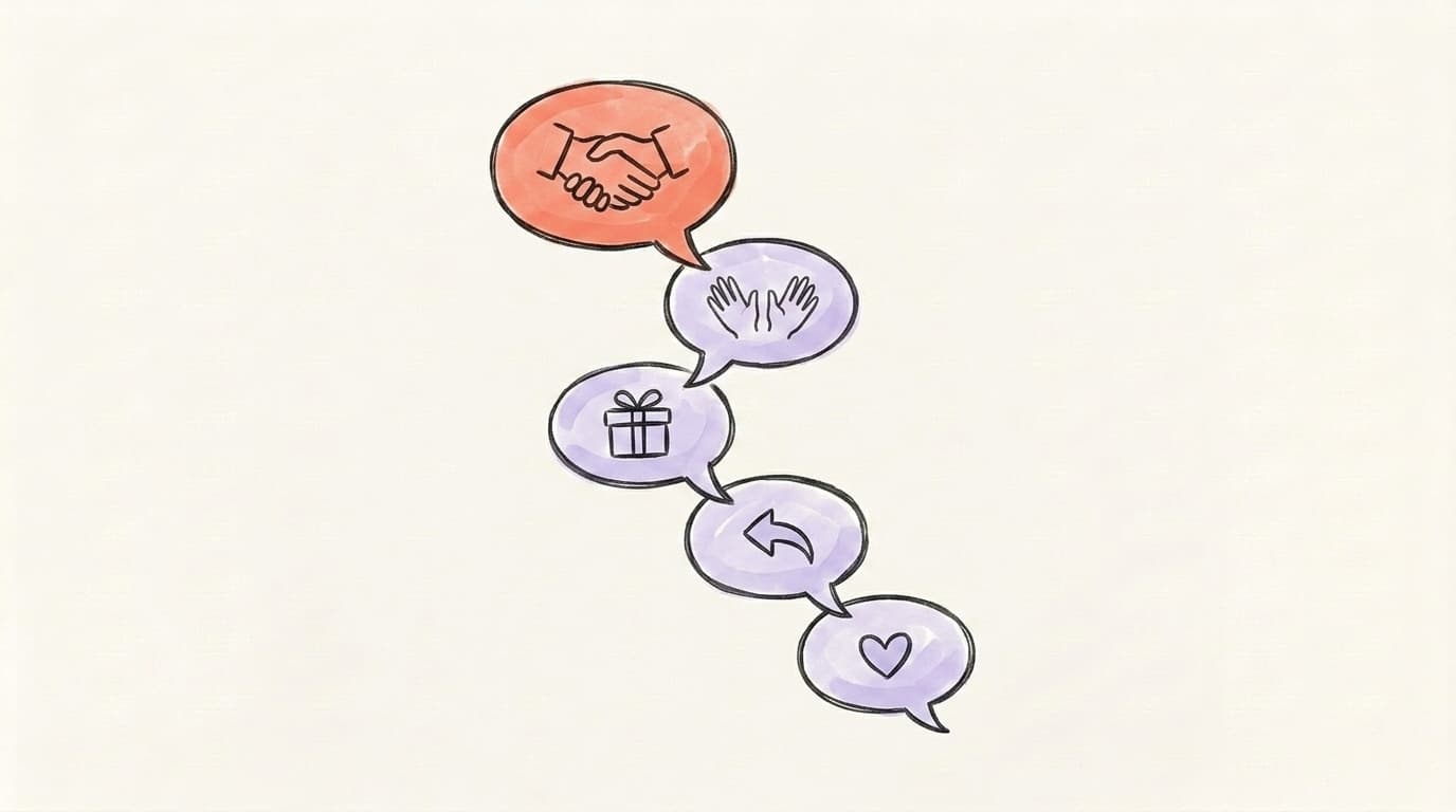 Descending sequence of five chat bubbles ending in a handshake, illustrating warm-up touches before the ask