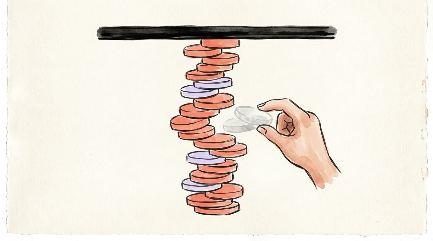 A stack of follower tokens pressed flat against a ceiling bar while a hand plucks the dead ones out