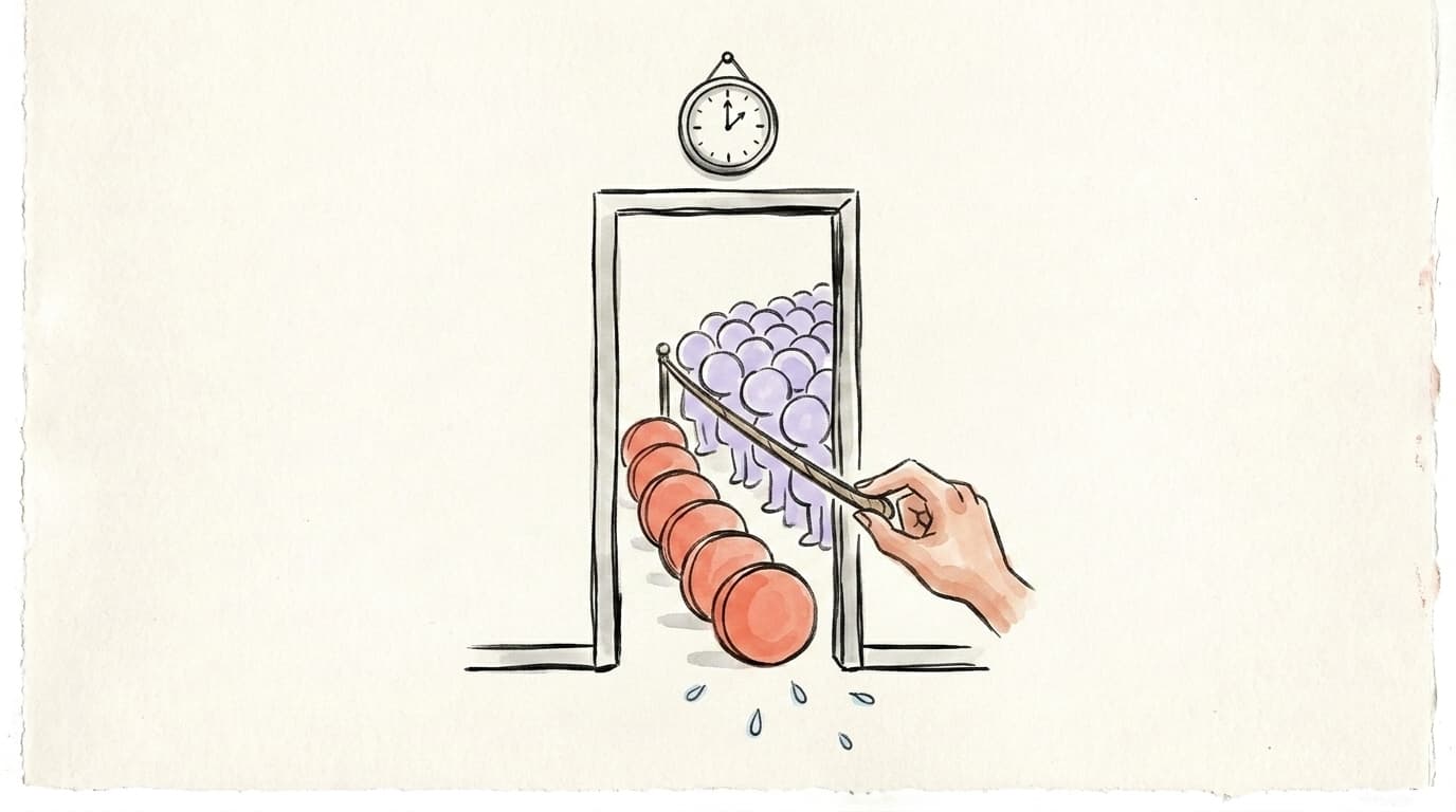 A queue of accounts filing through a narrow doorway under a clock while a rope holds the rest back