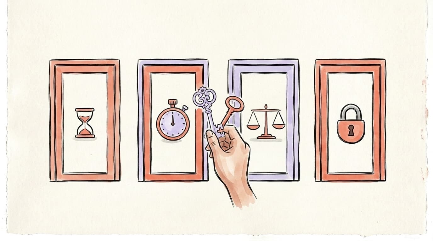 Four identical doors with different locks — an hourglass, a stopwatch, a balance scale and a padlock — and one hand holding a single key