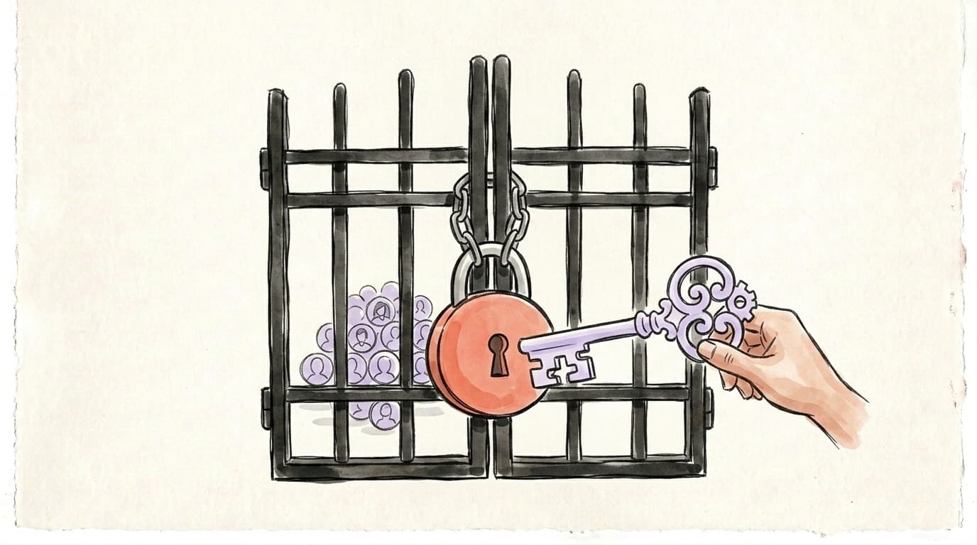 A padlocked gate with a hand offering a key that does not fit the lock