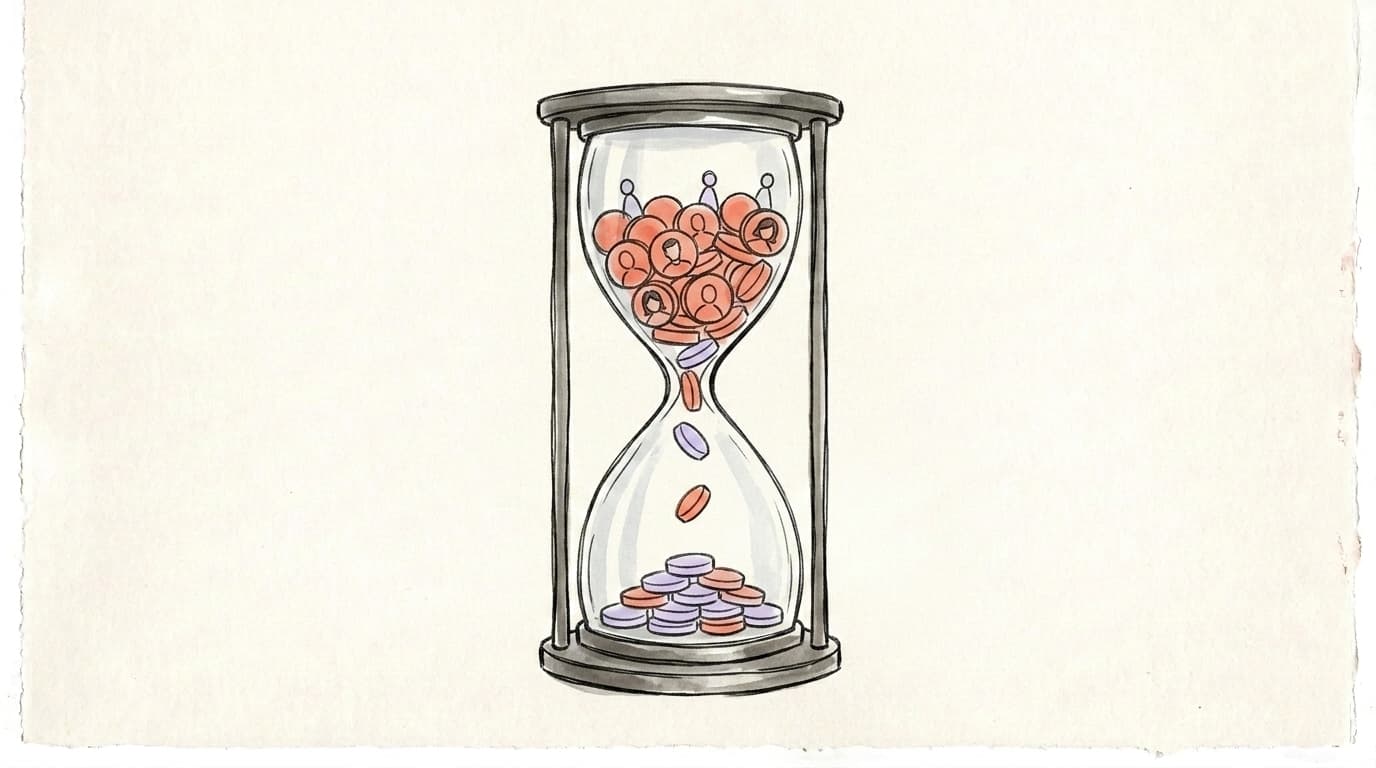 An hourglass with follower avatars trickling through the neck one at a time