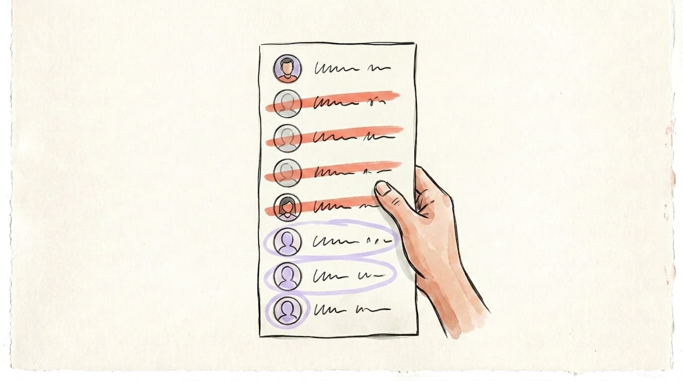 A hand holding a list where several rows are struck through and a few are circled to keep