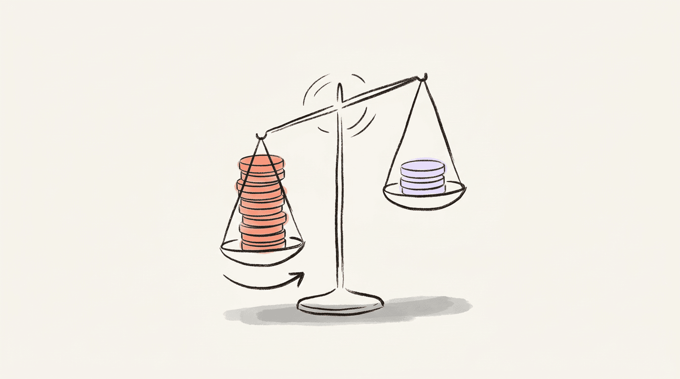 A balance scale tipped to one side, a tall stack of coral discs in the low pan and a short stack of lavender discs in the high one