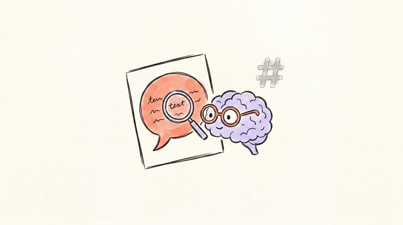 Hand-drawn lavender brain wearing glasses reading a salmon speech bubble through a magnifying glass, while a faded gray hashtag sits ignored to the side