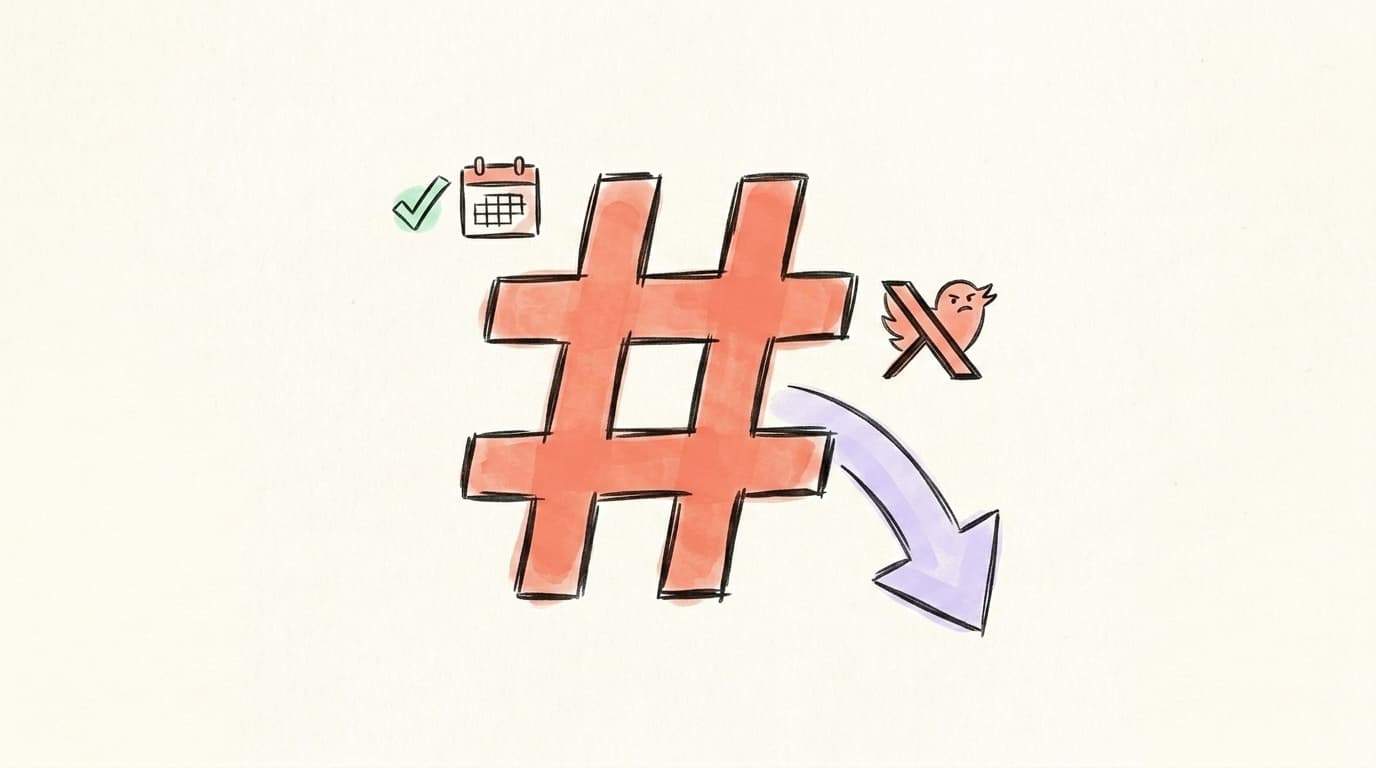 Hand-drawn salmon hashtag with a skeptical X bird and a declining-reach arrow, plus a calendar and green check showing the rare cases hashtags still help