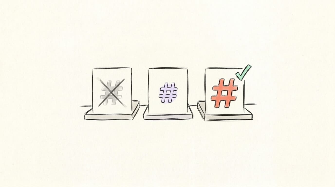 Three hand-drawn platform cards in a row: a crossed-out gray hashtag for X, a single lavender hashtag for Threads, and a salmon hashtag with a green check for LinkedIn