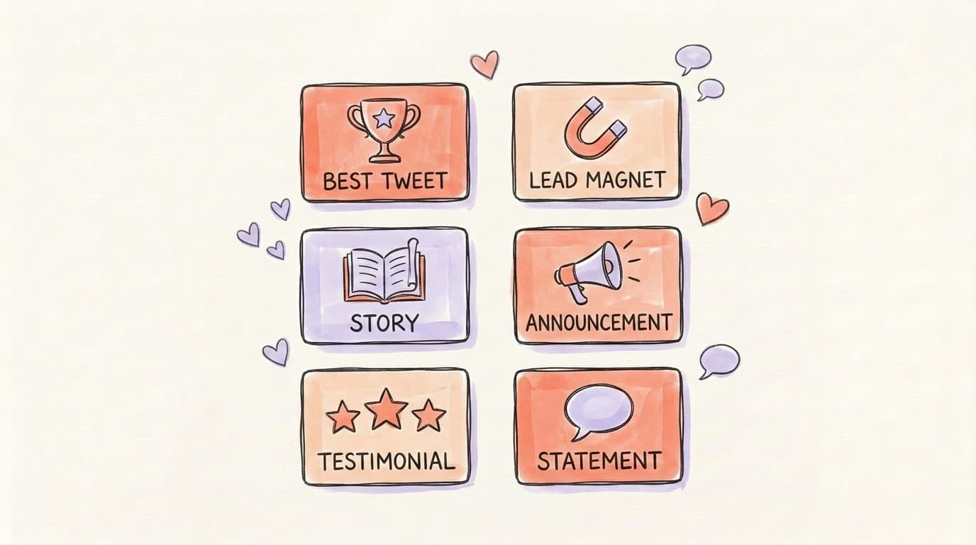 Six labeled tweet cards in a grid representing the pinned tweet archetypes: best tweet, lead magnet, story, announcement, testimonial, and statement