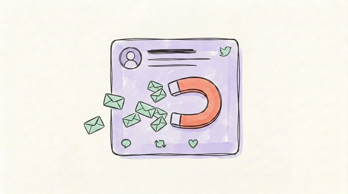 A pinned tweet card with a horseshoe magnet pulling small envelope icons toward it, representing email signups from a pinned tweet