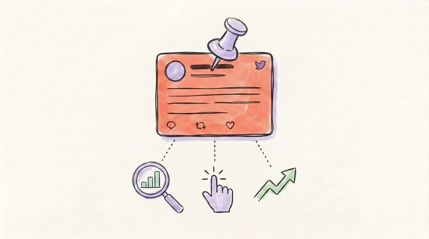 A pinned tweet card connected by dotted lines to a magnifying glass over a chart, a cursor click, and an upward trending arrow