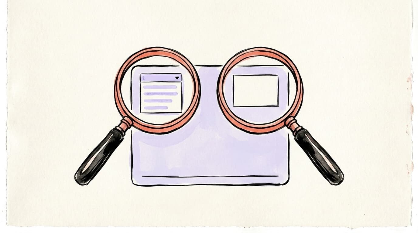 Two magnifying glasses over an X profile card, one revealing search suggestions and one coming up empty