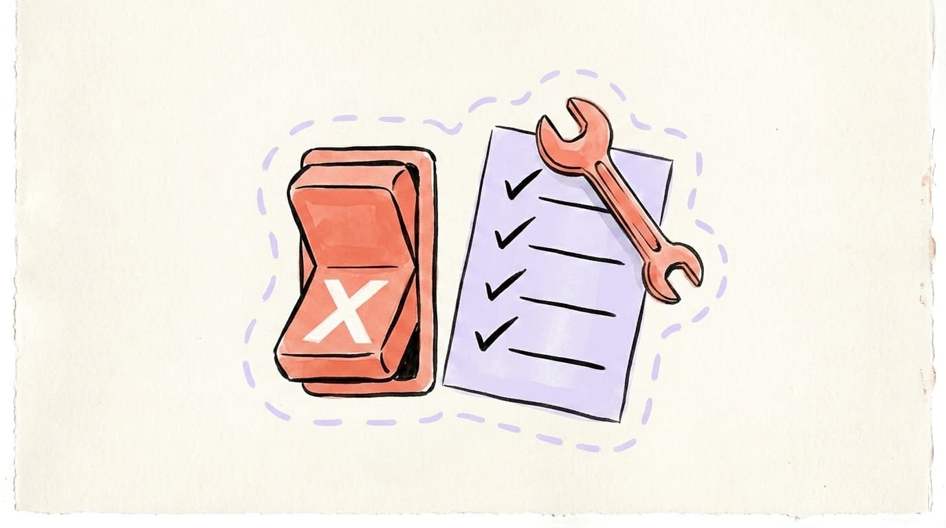 A settings toggle switched off beside a ticked repair checklist and a wrench