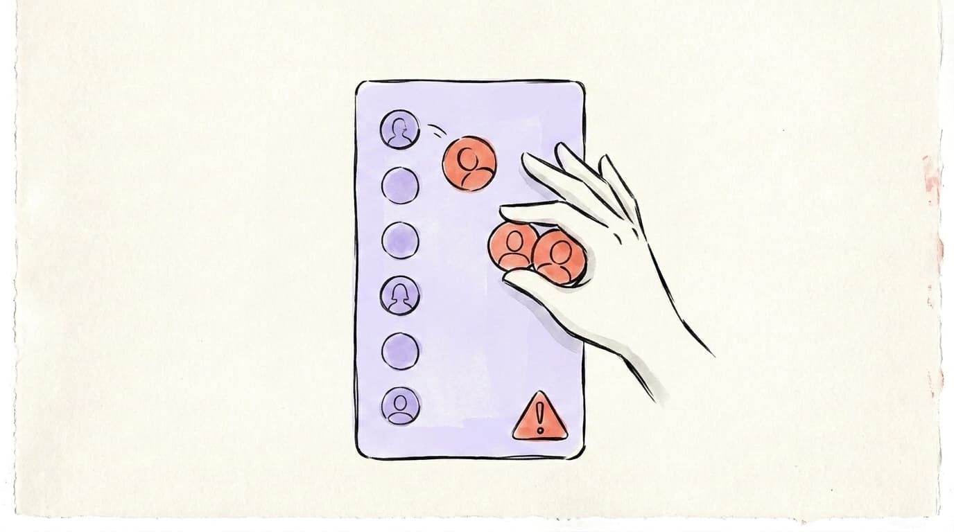 A hand lifting accounts off a following list one at a time next to a warning triangle