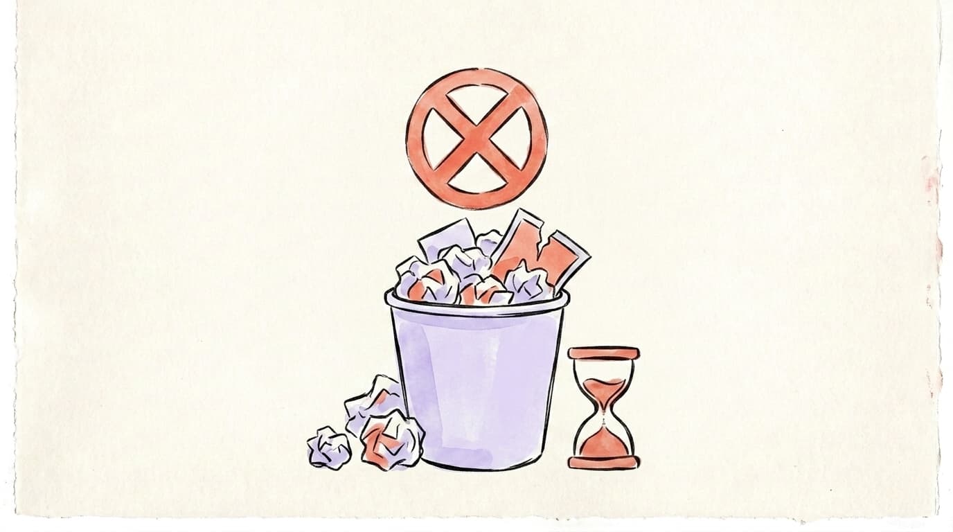 An hourglass standing beside a bin of crumpled deleted posts under a crossed-out circle
