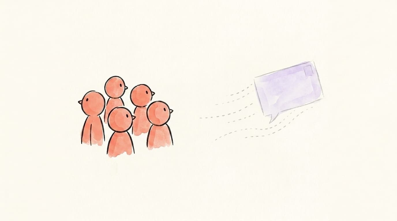 A faded lavender post drifting away from a small crowd of salmon-colored figures who cannot see it, representing an X shadowban